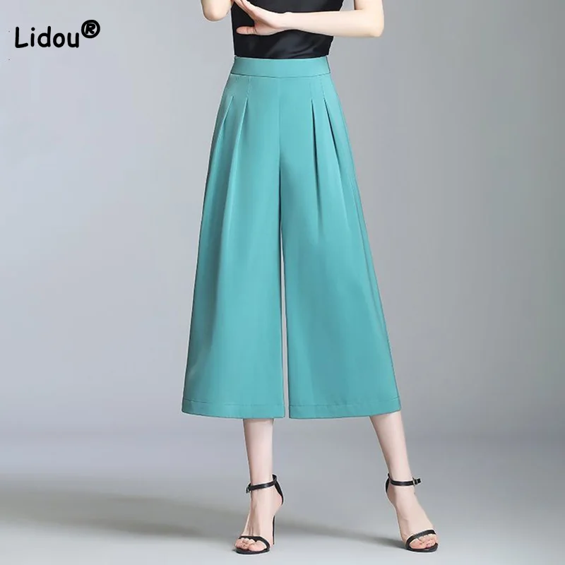 

2023 Summer Thin High Waist Solid Color Straight Trousers Drop Loose Fit Folds Ice Silk Wide Leg Seven Points Pants for Women