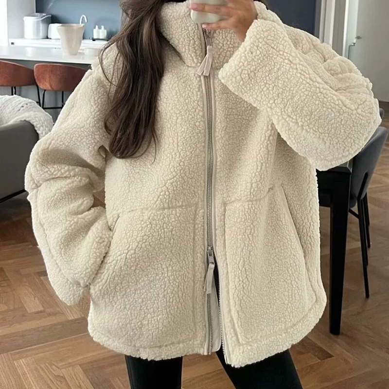 Winter Women's Jackets Wool Coat Beige Outwear Solid Casual Loose Elegant With Zipper Outerwear 2024 inszart Warm Thick Jacket