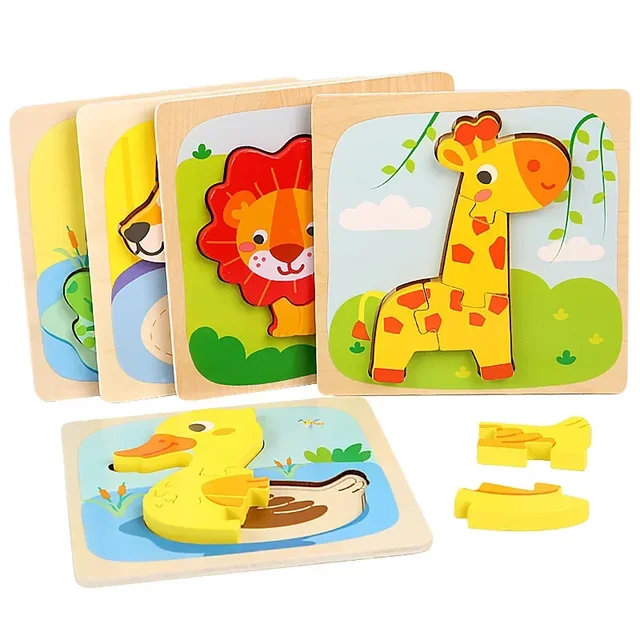 3D Wooden Puzzle Jigsaw for Children Cartoon Animal Puzzles Intelligence Kids Educational Cognitive Toys Baby Montessori Games 3