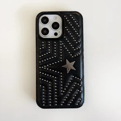 Korean INS Cool Punk Black PU Leather Phone Case with Silver Rivets & Star Design - iPhone 15 (1)