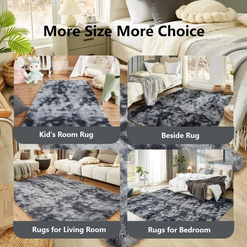 Luxurious Grey Tie-Dye Shaggy Fluffy Rug - Ultra Soft Non-Slip Plush Carpet