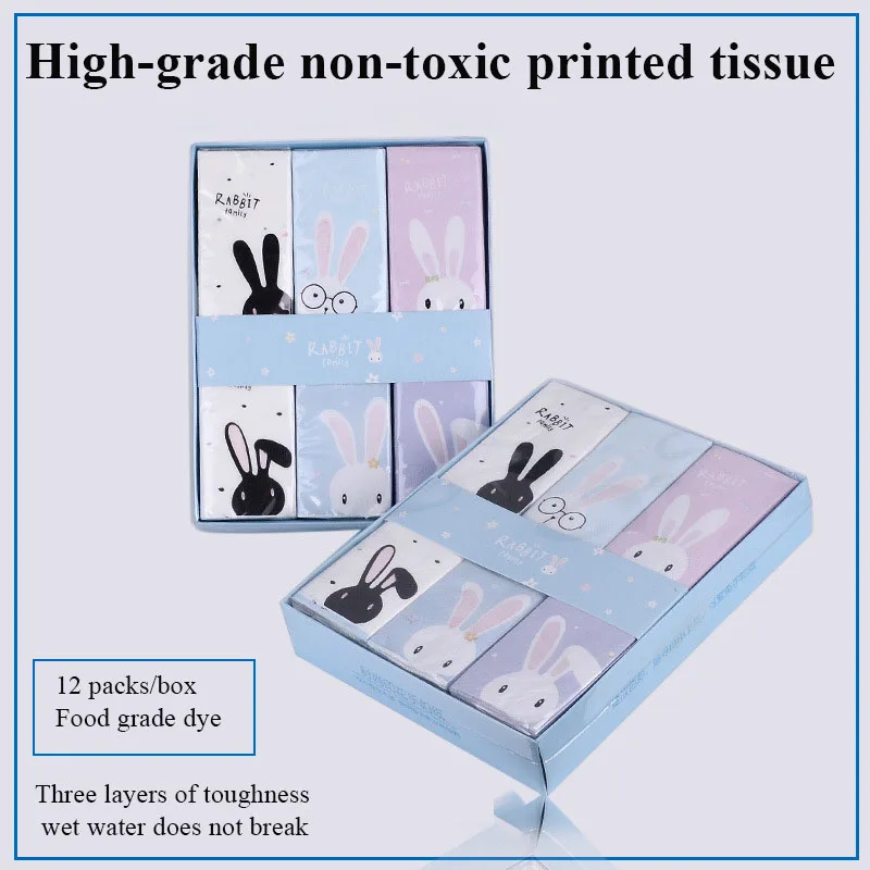 12 Packs of Handkerchief Paper 3 Layers of Virgin Wood Pulp Printed Paper Towels High-grade Non-toxic Printing Towels