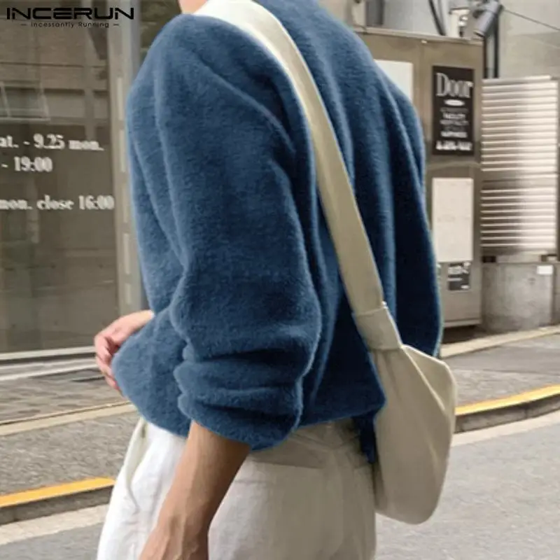 INCERUN 남성용 솔리드 O넥 루즈 풀오버, 심플 니트 가디건, 긴팔 스웨터, S-5XL 상의, 한국 스타일, 신상 패션, 2024