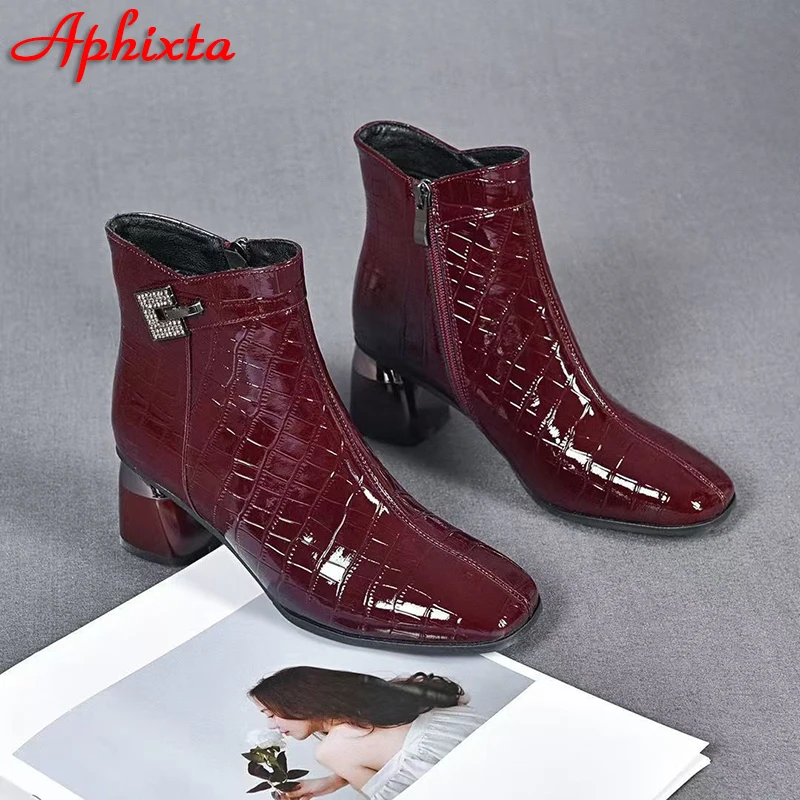 Aphixta 6cm Square Heels Ankle Boots High Quality Square Toe Woman Shoes Crystals Buckle Side Zipper Modern Boot Snake Pattern