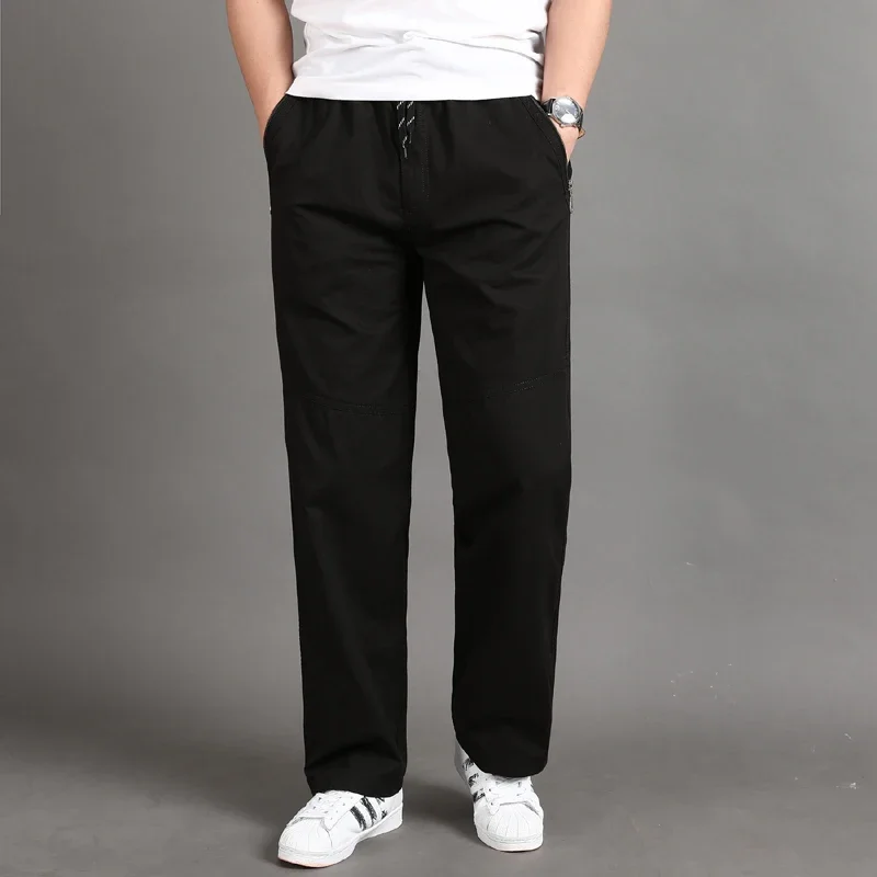 Casual Pants Men Four Seasons 95% Cotton Trousers Multi Pockets Loose Straight Jogging Pants Middle Aged M-6XL