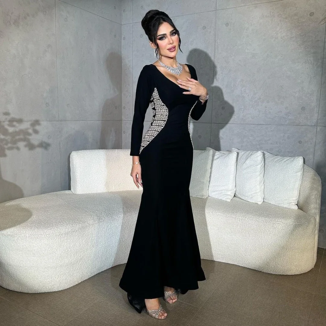 

Saudi Arabia Black Mermaid Party Evening Dresses Formal Prom Dresses Sexy V Neck Beaded Long Sleeves Robes Cocktail Gowns