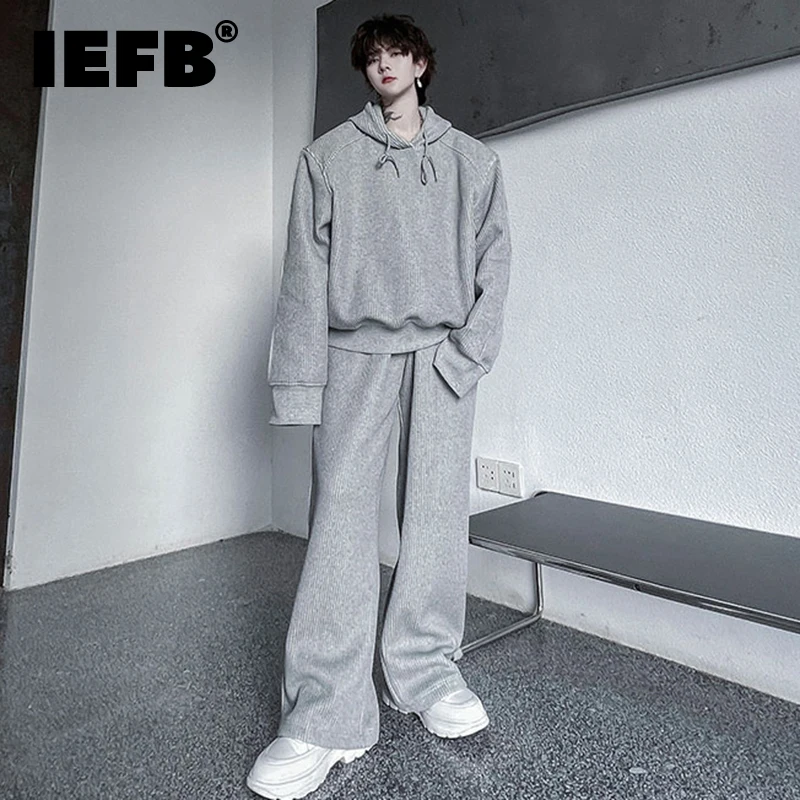 

IEFB Autumn Winter Men's Set Solid Color Hooded Plush Thickened Hooded Jackets Two Piece Casual SweatPants Trend Hoodies 9C2493