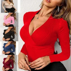 Sexy V-Collar Sweaters Knitted Pullover Women 2022 New Autumn Elegant Slim Fit Sweater Winter Tops for Women Black White Jumper