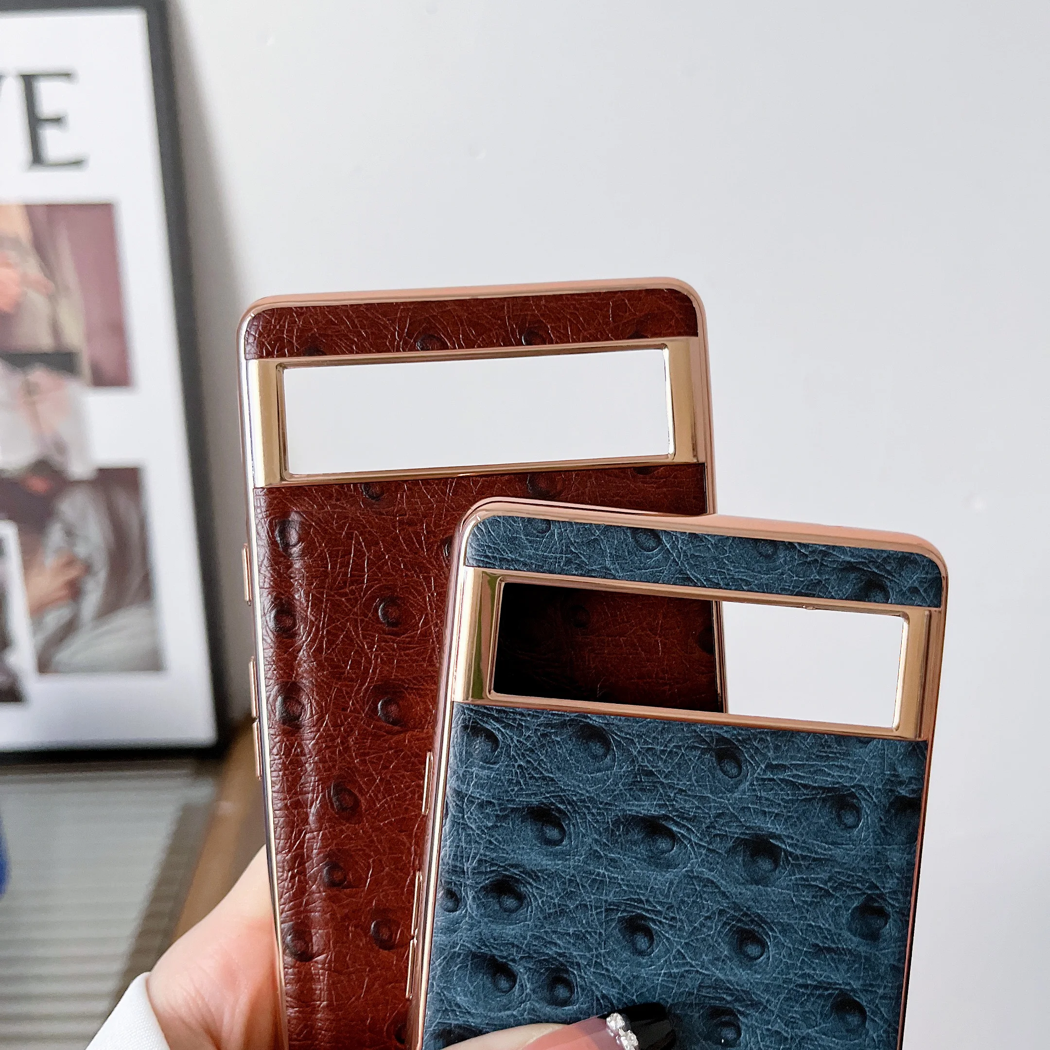 Retro Genuine Cowhide Leather Phone Case for Google Pixel 8 7 Pro 6A  Classic Ostrich Skin Pattern Glossy Frame Armor Back Cover