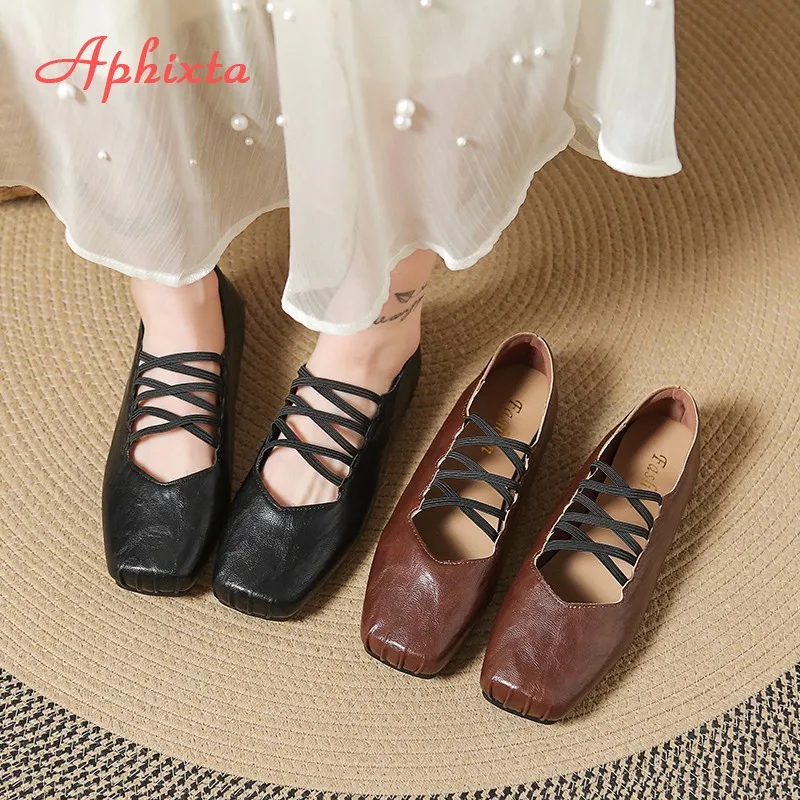 Aphixta Square Toe Black Flats Shoes Slip On Elastic Bands Cross Straps Womens Shoes Elegant Flat with Ladies Shoes