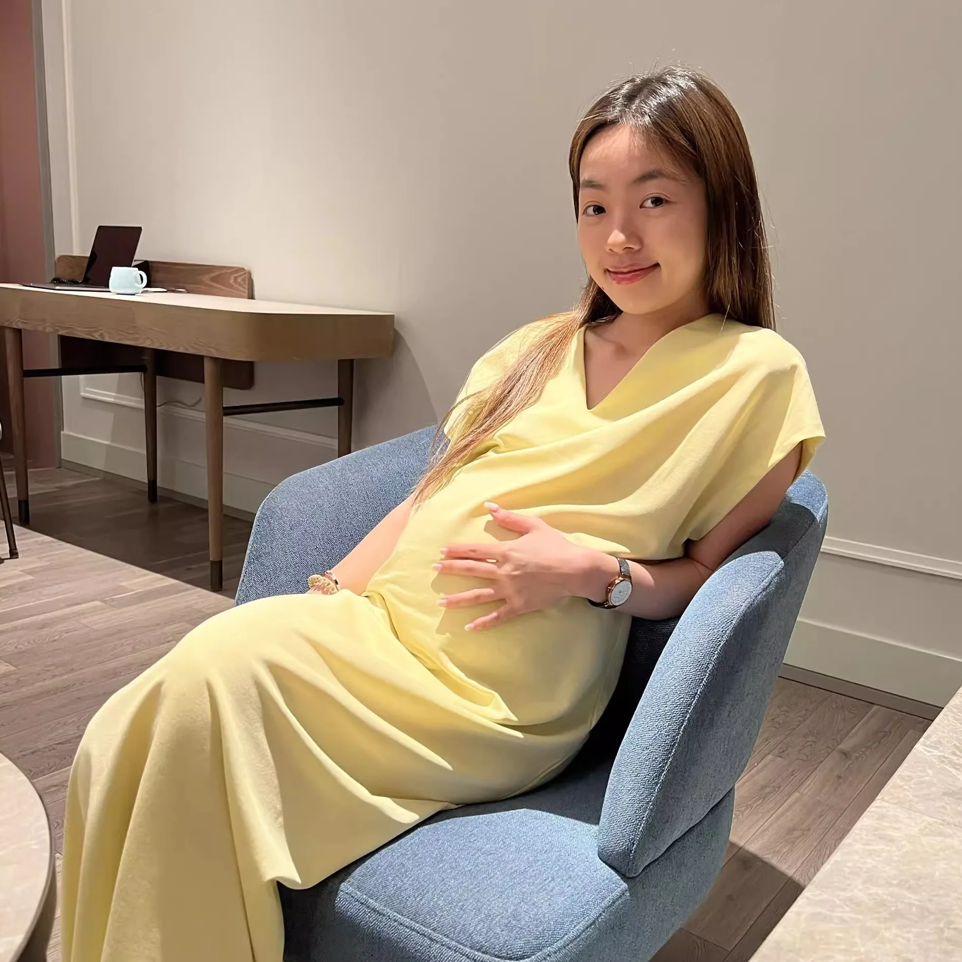 임산부 의류 봄 여름 v 넥 베이지 그레이 카키 반팔 맞는 롱 드레스 드레스 15..