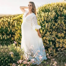 

Maternity Dresses for Photo Shoot Baby Shower for Women Pregnant Woman V-neck Lace Ruffle Half Sleeve Loose Pleated Skirt New