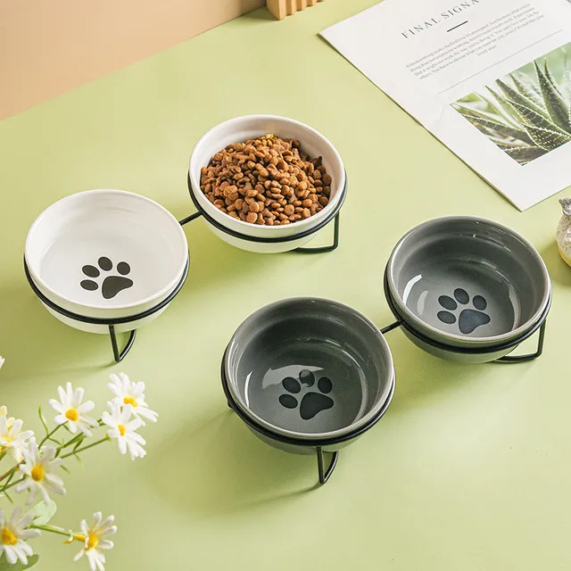 Cute Paw Print Cat Bowl Cartoon Pet Ceramic Bowl Iron Frame Double Bowl Dog Cat Universal High Quality Non-slip Bowl Pet Feeder Cute Paw Print Cat Bowl Cartoon Pet Ceramic Bowl Iron Frame Double Bowl Dog Cat Universal High Quality Non-slip Bowl Pet Feeder