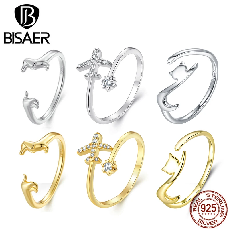 

BISAER 100% 925 Sterling Silver Cute Dachshund Ring for Women 14K Gold Plated Pet Adjustable Band Party Fashion Jewelry 4 Colors