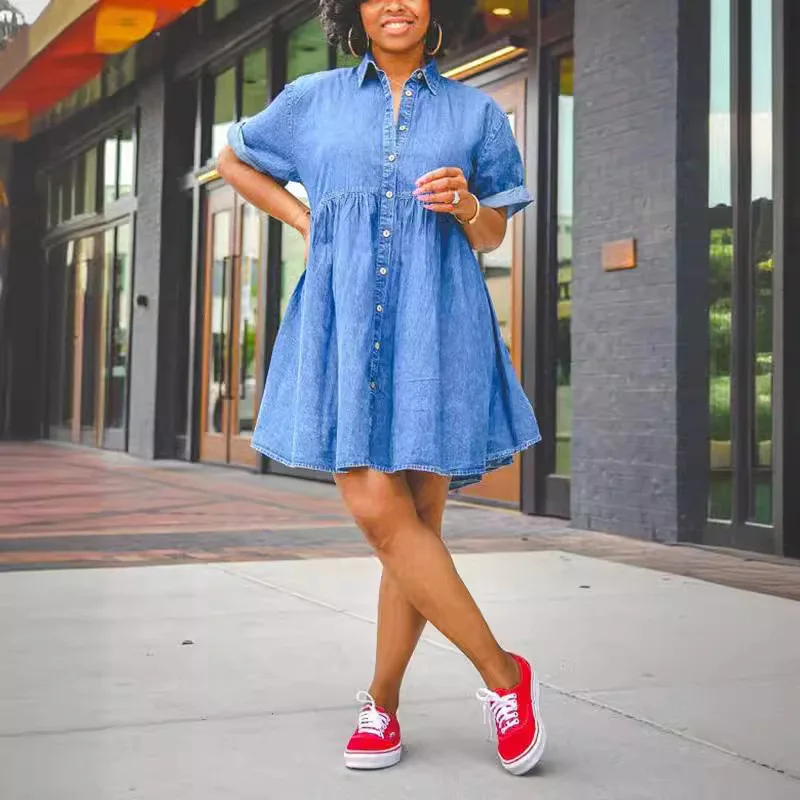 

Summer Short Sleeve Mini Denim Dress for Women Button Loose Casual Ladies Outfits Washed Denim A-line Dress Fashion Streetwear