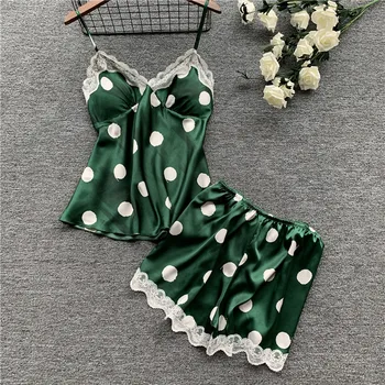 Polka Dot Print Satin & Lace Cami Shorts Set with Built-in Soft Padded – Top-Rated Women's Loungewear in Europe & America 1
