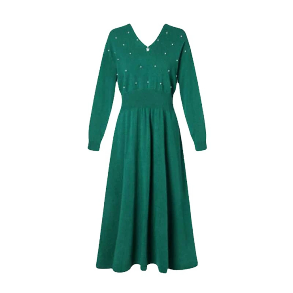 

New Womens Base Sweater Trendy Lady Spring Autumn V-neck Bottoming Beading Female Knitted Dresses Large Size Loose Woman Clothes
