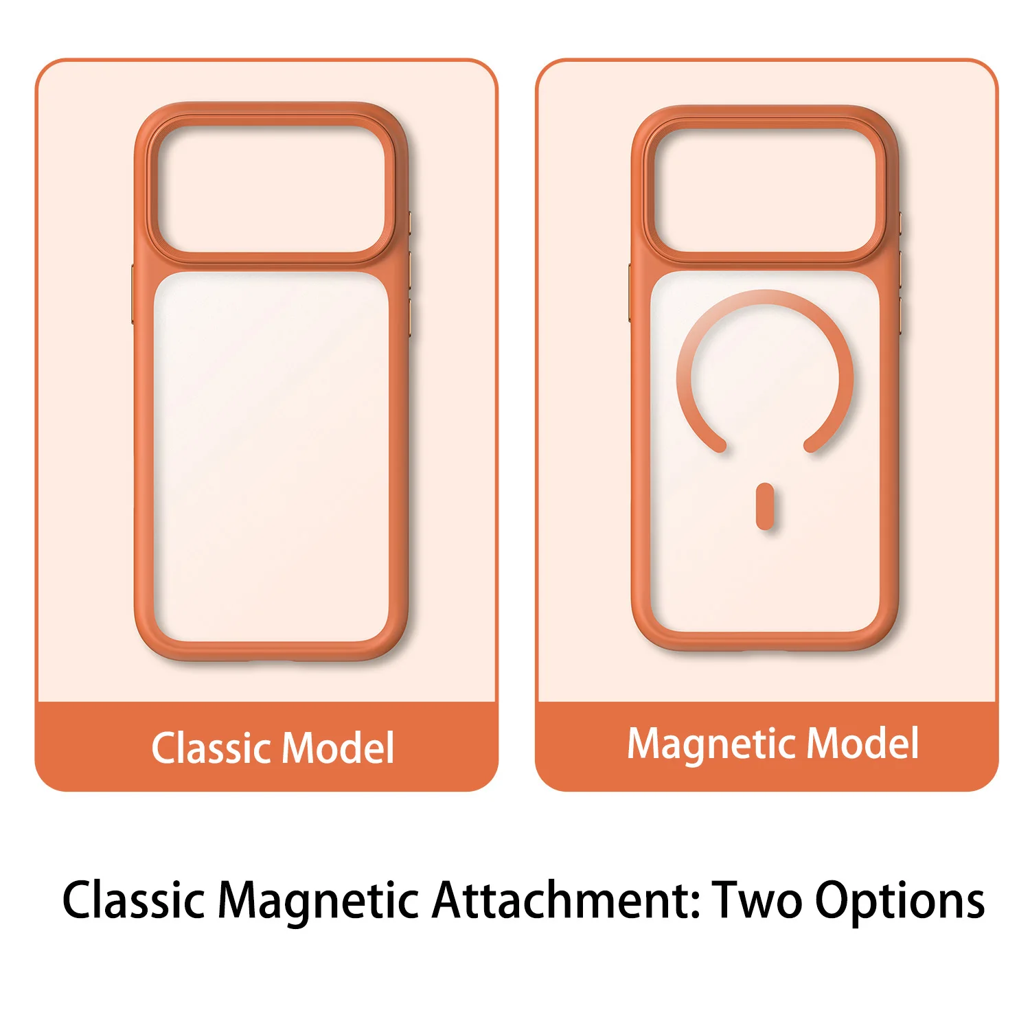 Luxury Orange Matte Transparent Magsafe Phone Case with Metal Buttons and Skin-Feel Shockproof Protection
