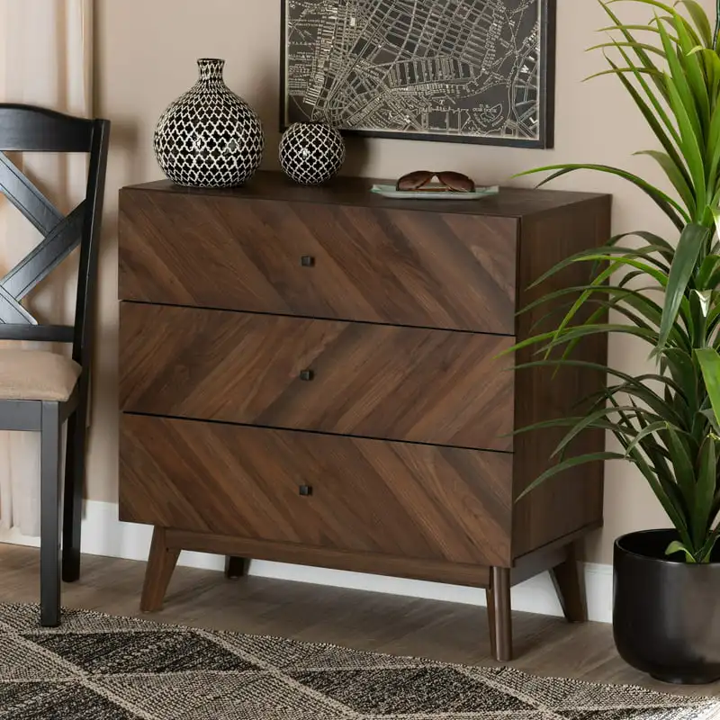 

Mid-Century Modern Walnut Brown Finished Wood 3-Drawer Storage Chest