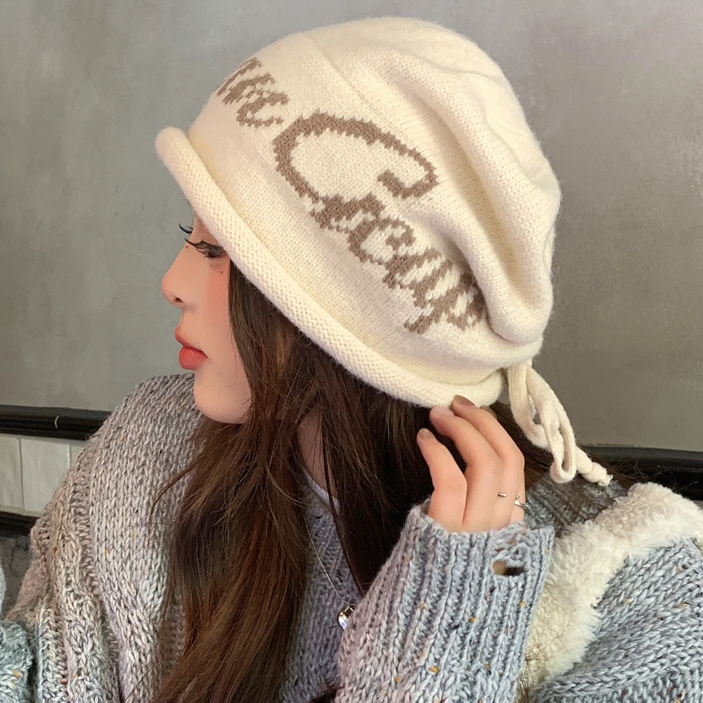 Hot Sale Slouchy Fashion Winter Hats Trendy Beanies For Women Streetwear Dandy Hat With Drawstring Winter Knitted Hats