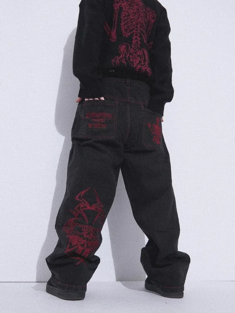Description Picture 5 of itemY2K Jeans Mens Hip Hop Retro Skull Embroidery Washed Baggy Denim Pants Women Straight Casual Loose Wide Leg Trouser Streetwear
