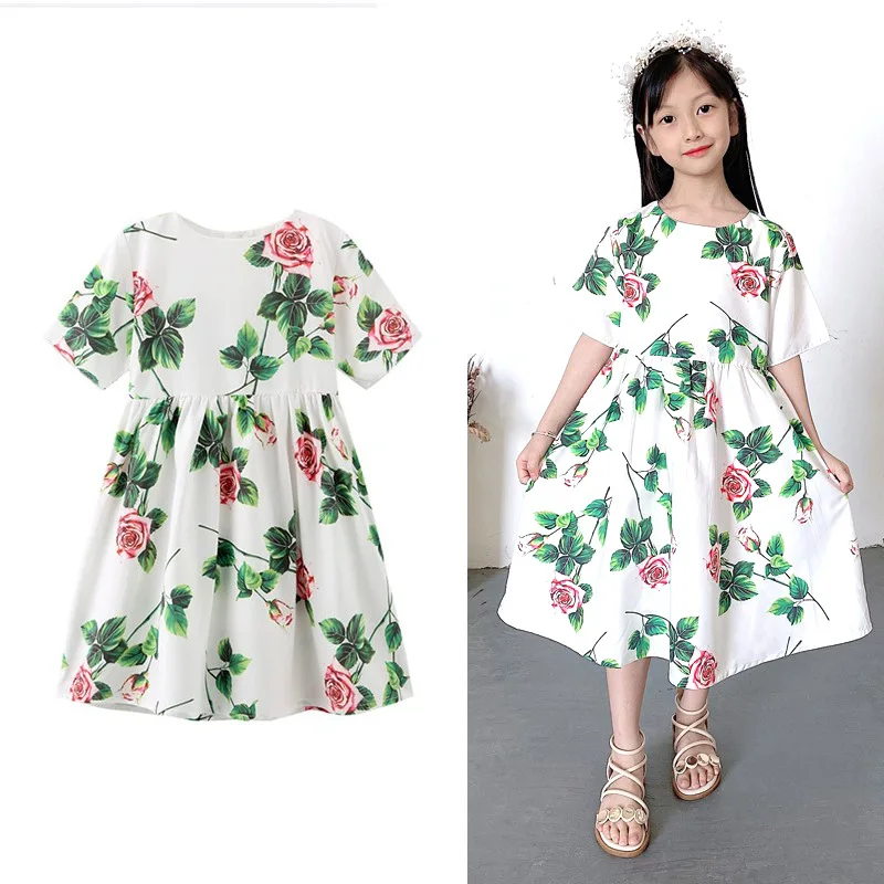 

2023 New Children's Skirt Summer Girls Little Rose Printed Sling Skirt Cotton Dress baby Girl Clothes Cute Flowers Print