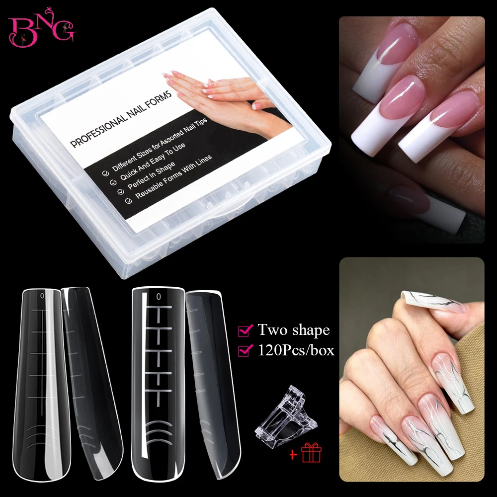 BNG Coffin/Square Shape Nail Dual Forms for Poly Extension Gel 120Pcs Top Form Extension Molds Gel Nail Mold for Nail Art Design
