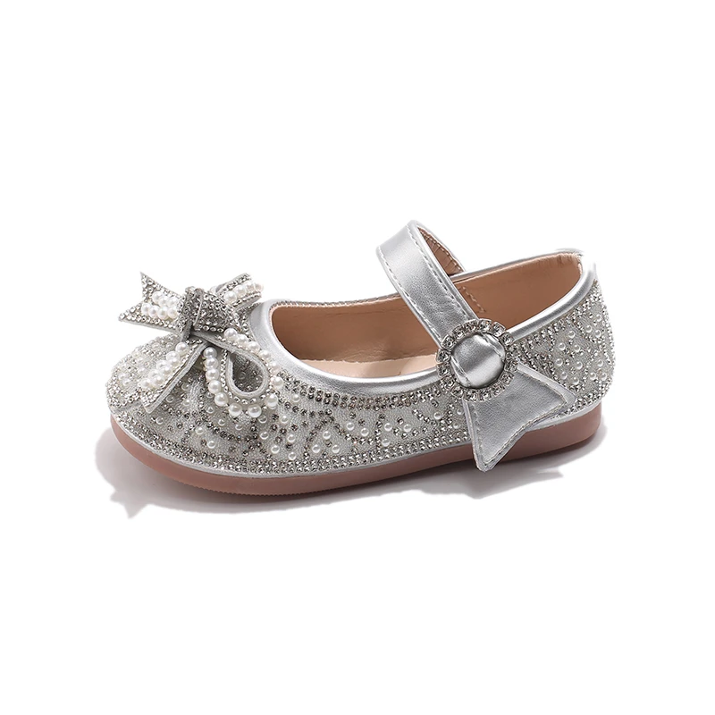 Princess Kids Leather Shoes for Girls Casual Glitter Low Heel Beaded Butterfly Knot Pink Silver