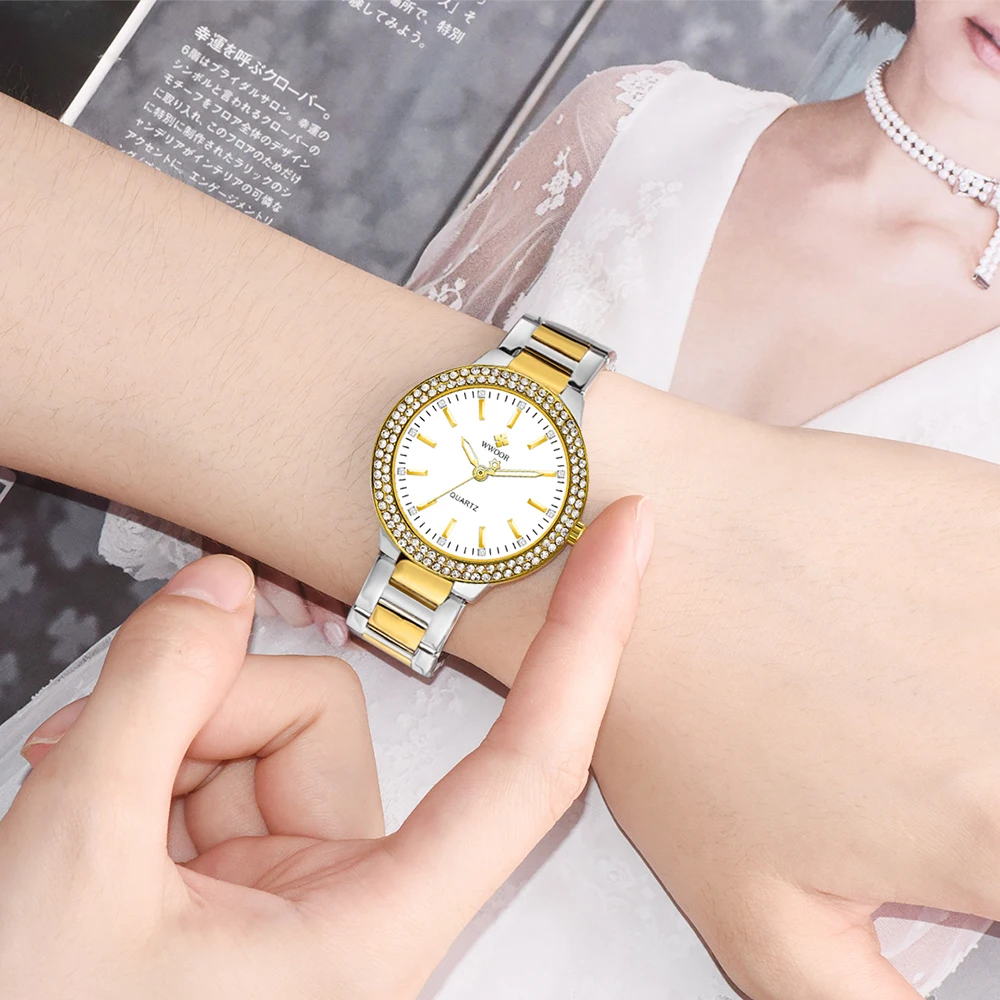 WWOOR 2024 New Diamond Women Watches Luxury Stainless Steel Ladies Quartz Bracelet Watches Rhinestone Female Clock Montre Femme