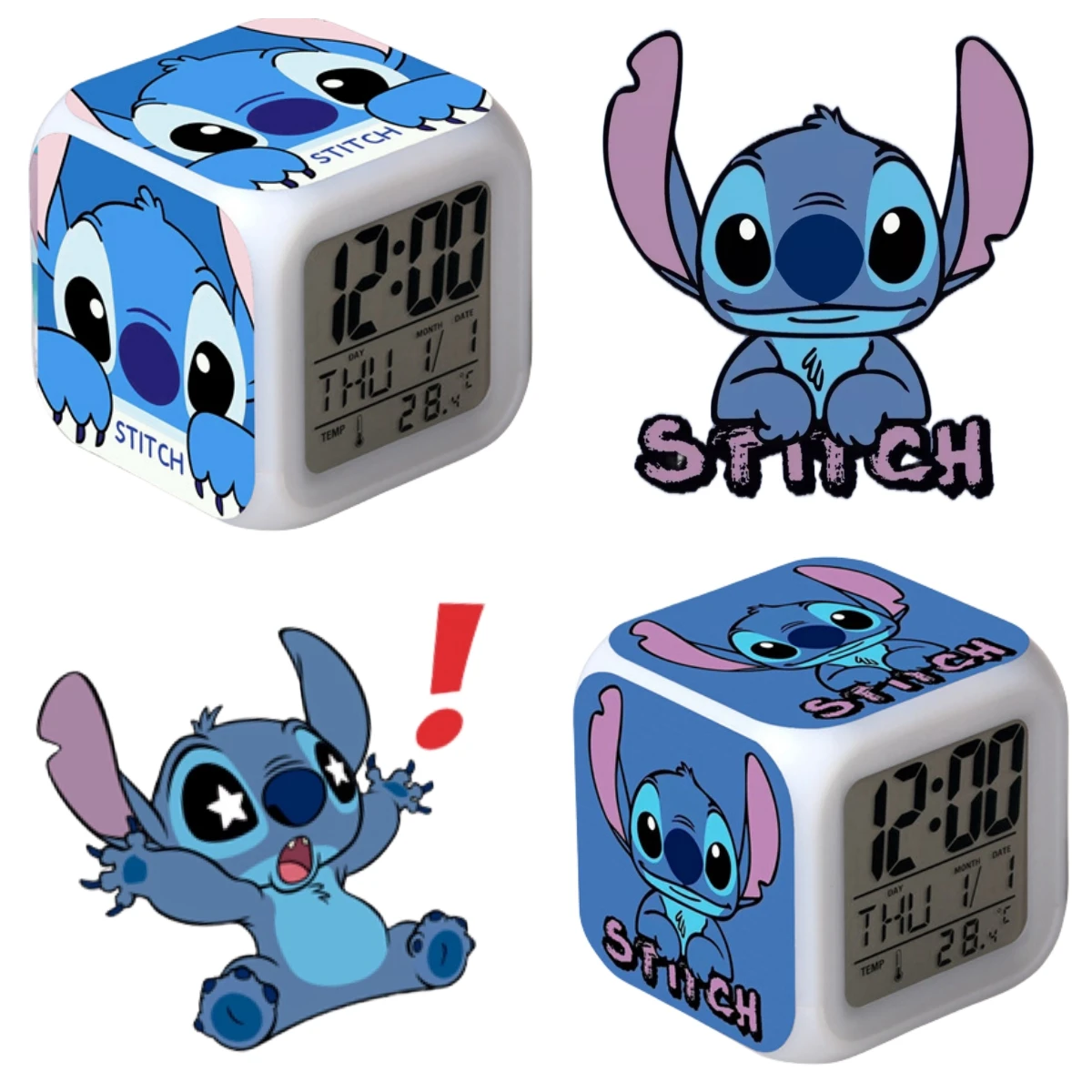 

Disney Alarm Clock Lilo & Stitch Growing LED Color Change Digital Light Clock Anime Action Figures Toys for Kids Birthday Gifts