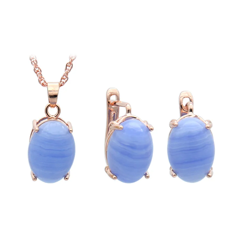 S&Z DESIGN New Fashion Oval Egg Shape Natural Stone Stud Earrings 585 Rose Gold Color Pendant Necklace Jewelry Sets For Women