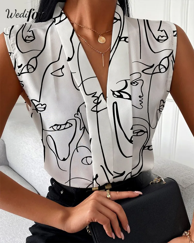 

Wedifor 2023 Summer Fashion Printed Women Blouse Shirts Sleeveless V Neck Elegant Tops Casual Office Ladies Blouses