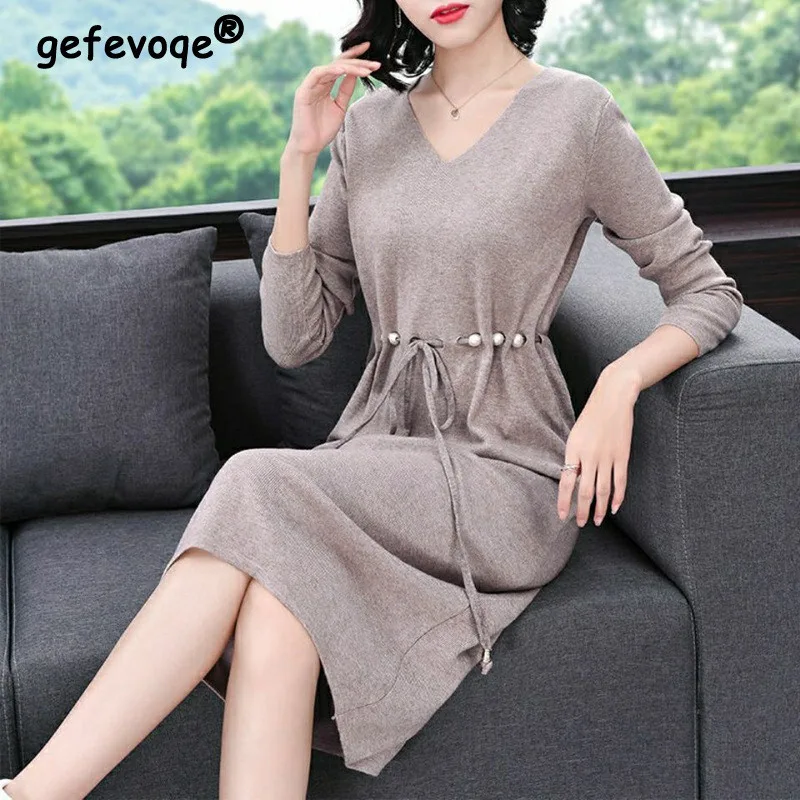 

Korean Elegant Chic Beads Lace Up Knitted Dresses for Women Autumn Winter V-neck Long Sleeve Solid Loose Midi Dress Clothing2022