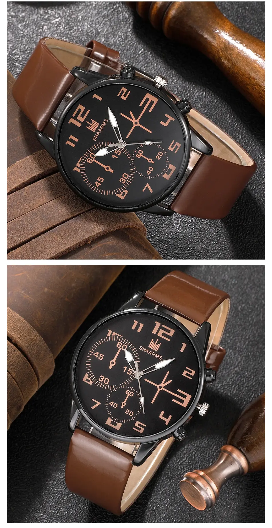 5PCS Set Mode Herren Sport Armband Uhren Für Männer Retro Große Zifferblatt Quarz Armbanduhr Klassische Männliche Casual braun Leder Uhr – Detail 5