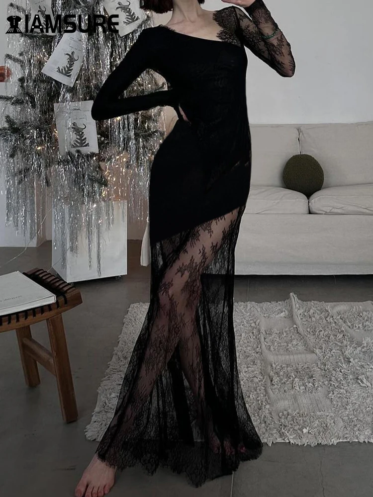 IAMSURE 여성용 섹시한 슬림 패치워크 레이스 원피스, 우아한 패션 V넥 긴팔 맥시 드레스, 2023 여름 용수철 스트리트웨어 