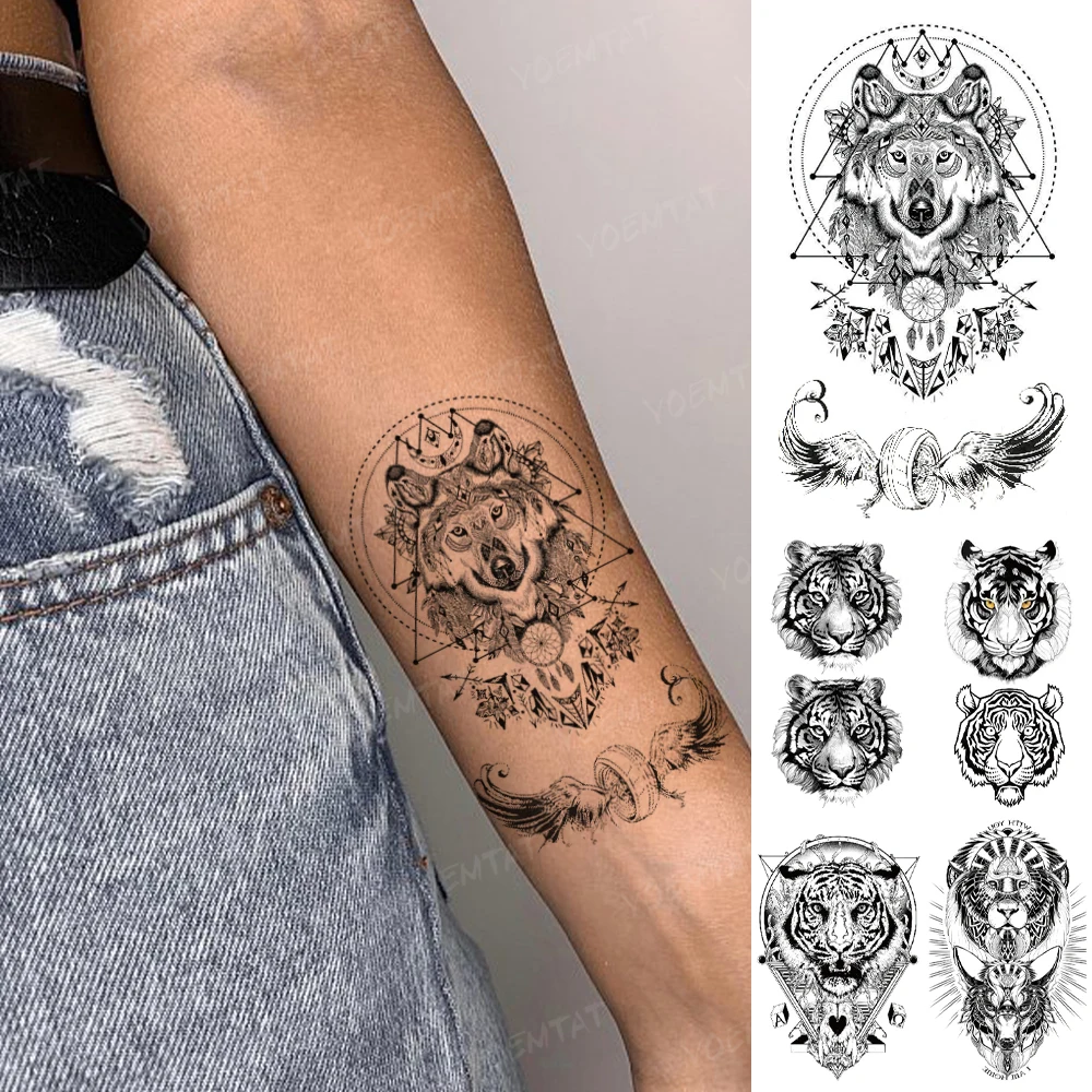 

Dark Waterproof Temporary Tattoo Sticker Wolf Tribal Totem Wing Tiger Lion Wolf Animal Tatoo Man Woman Kid Cool Flash Fake Tatto