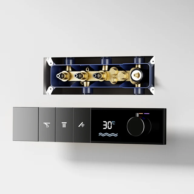 หรูหราปืนทองเหลืองสีเทา Thermostatic LED ดิจิตอลจอแสดงผล 3 โหมดสเปรย์ระบบอาบน้ําเพดานฝังน้ําตก Outlet Bath Mixer 5