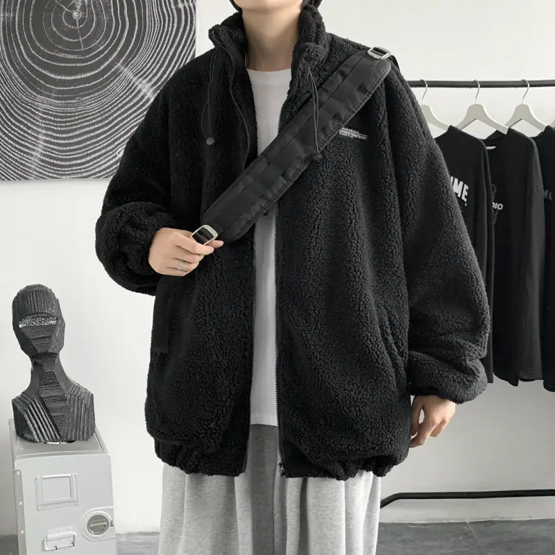 Winter KPOP Fashion Harajuku Coat Men Loose Casual All Match Tops Stand Collar Long Sleeve Male Clothes Thick Zipper Outerwear