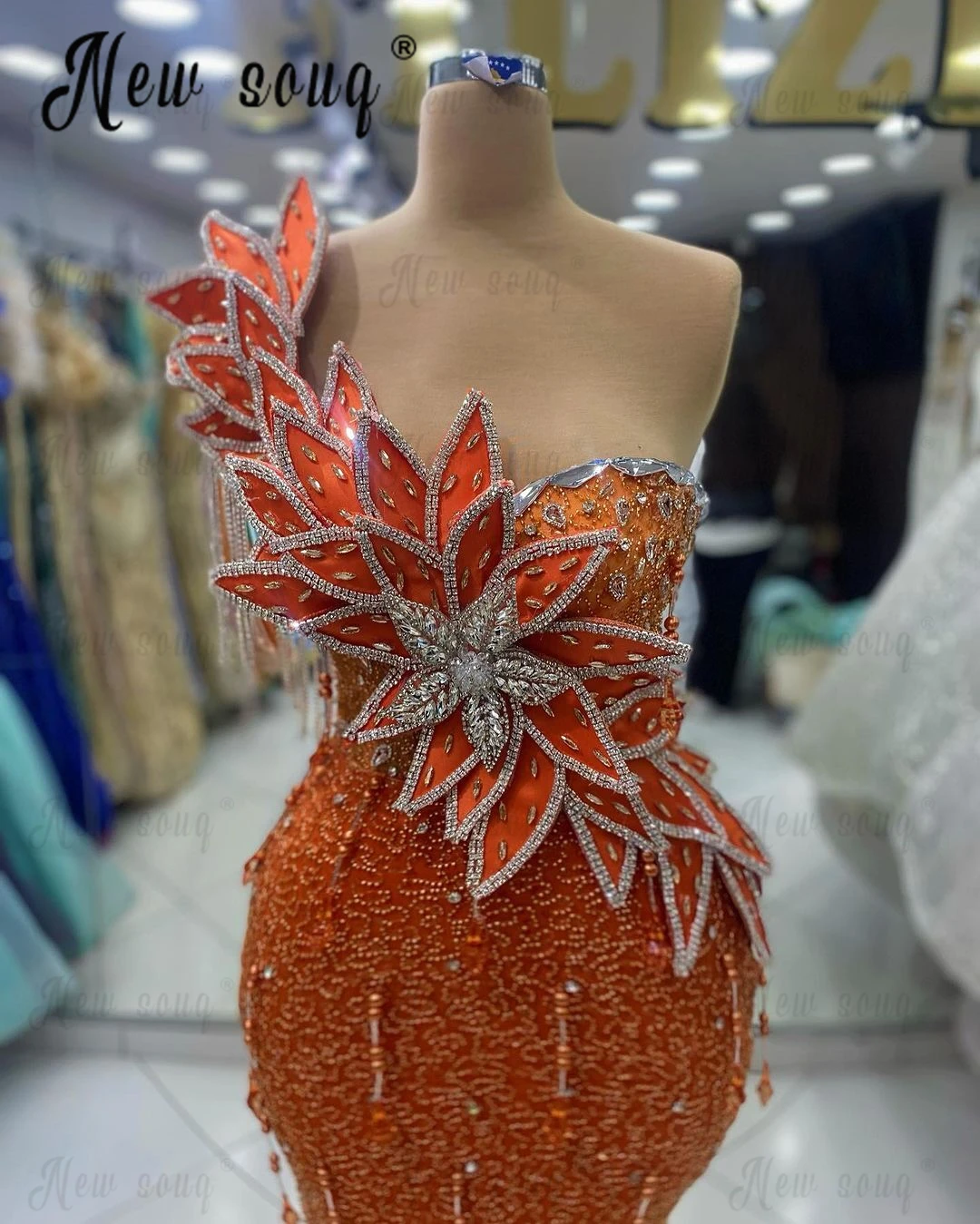 

Женское вечернее платье-Русалка Aso Ebi, роскошное платье для выпускного вечера с оранжевыми листьями, аппликацией и вышивкой из кристаллов, 2024