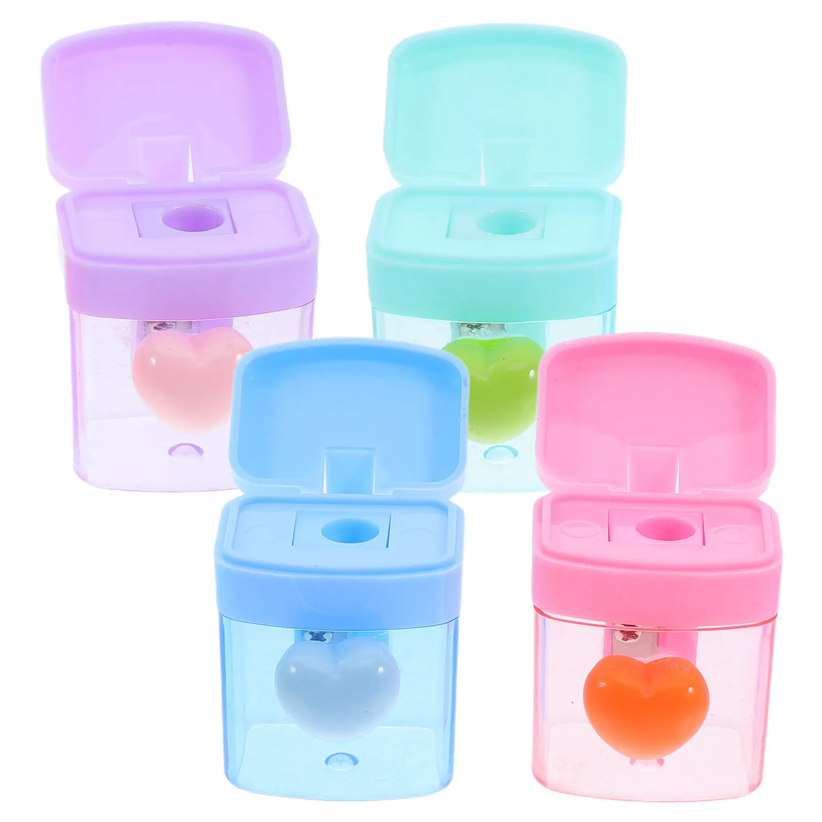 4Pcs 단일 구멍 연필깎이 투명 하트 패턴 다채로운 미니 연필깎이 귀여운 학교 사무용품 휴대용