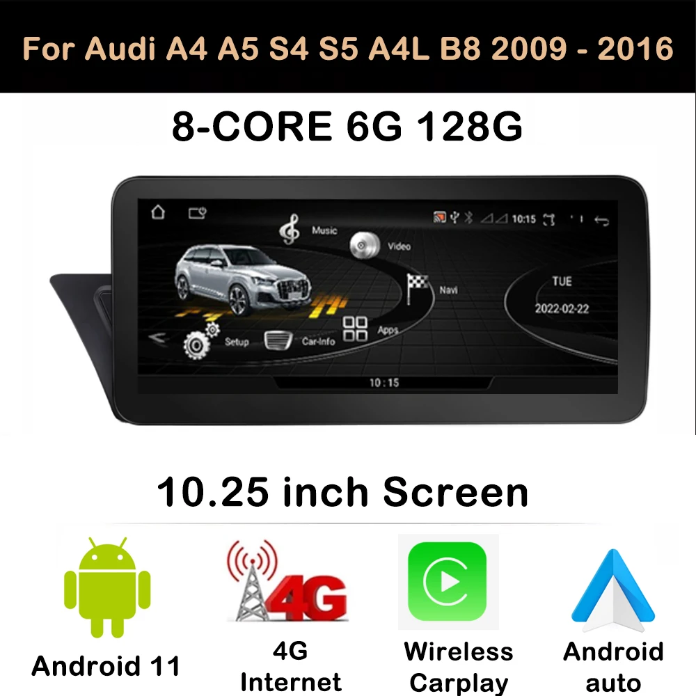 

Android 12 For Audi A4 B8 A5 2009 - 2016 System Car Stereo WIFI 4G LTE Carplay 4+64GB RAM SWC IPS Touch Screen GPS 8 Core BT