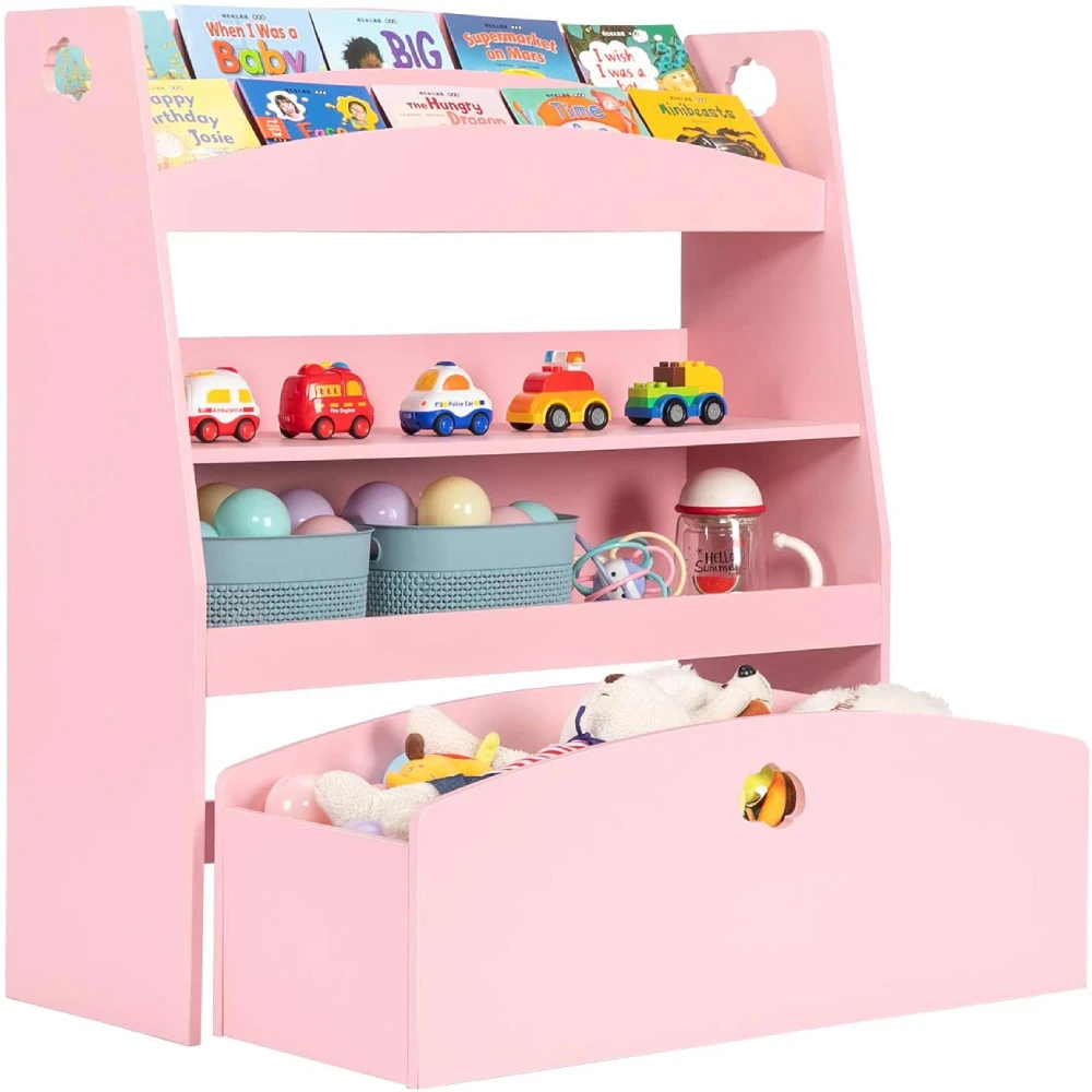 

Kids Toy Storage and Bookshelf 4 Shelves and 1 Large Rolling Bin w/Wheels Children's Toy and Book Organizer Cabinet Unit 3 Color