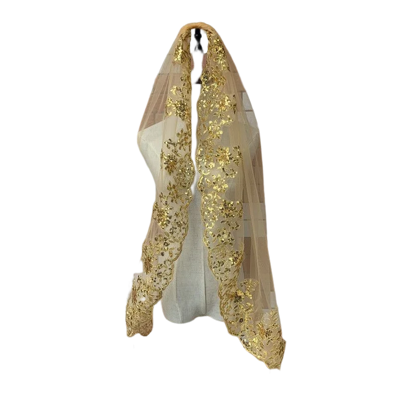 Bridal Veil Luxury Sequins Appliques Gold Wedding Veil with Lace Edge Short Two Layers Tulle