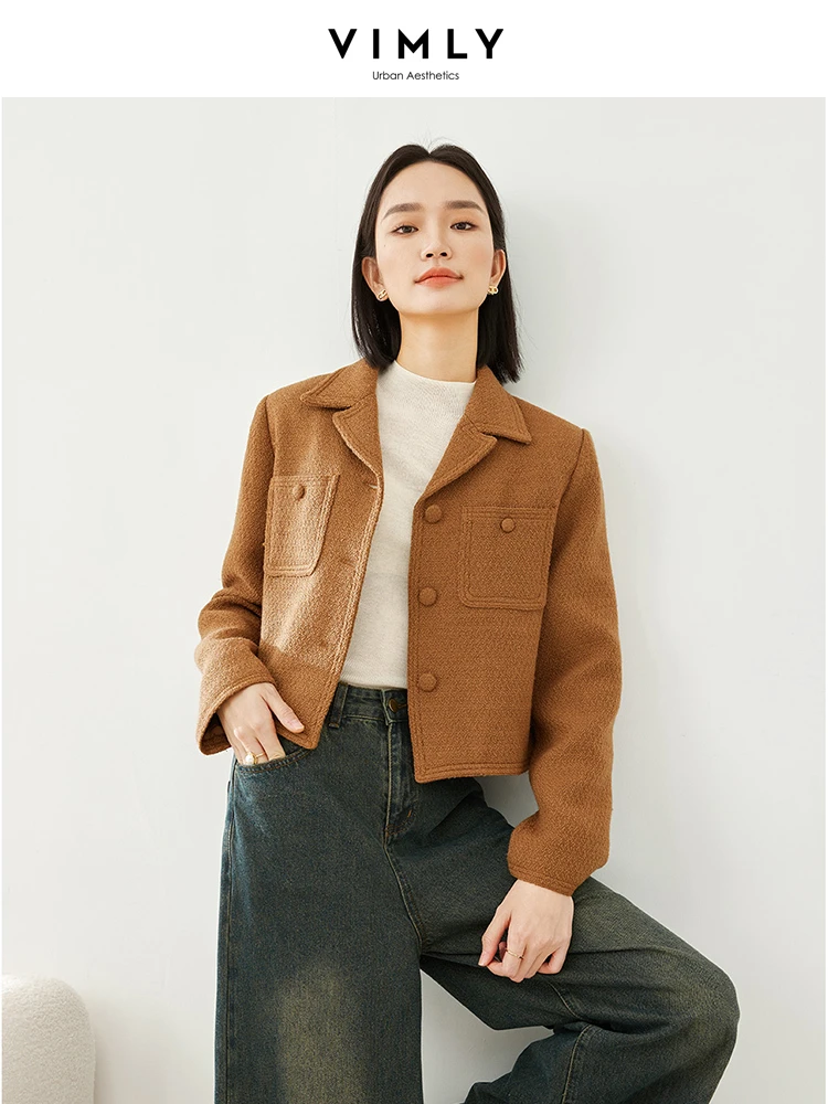 Vimly Wool Blend Cropped Tweed Jacket Female 2023 Winter Single Breasted Straight Office Ladies Lapel Thick Quilted Coat M5266