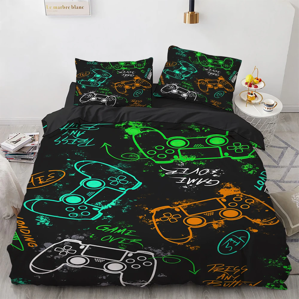 Homewish Jongens Gaming Dekbedovertrek Dubbel, Kinderen Blauwe Gamer Beddengoed Set Zwart Omkeerbaar, Galaxy Videospellen Gamepad Dekbedovertrek Neon