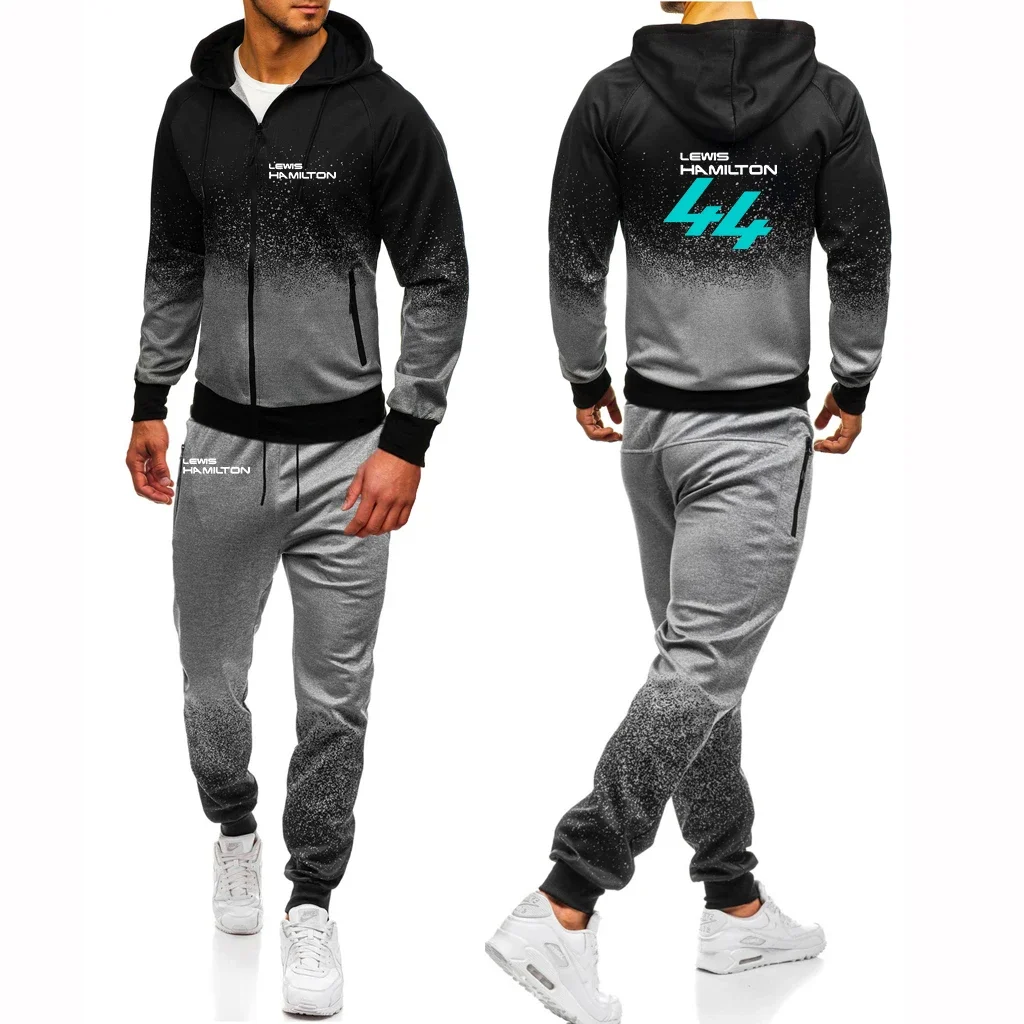 

F1 Driver Lewis Hamilton Digital 44 Men's Fashion Casual Printing Jackets Zipper Gradients Color Hoodie+Pants 2 Pieces Suits