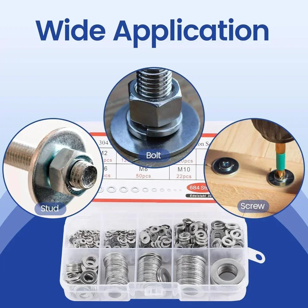 Stainless Steel Washers 304 Metal O Ring Fasteners Gasket Set Assortment Kits M2-M10 Flat Washer Grommets