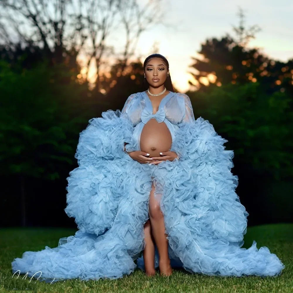 

Maternity Fluffy Tulle Robes Custom Made Flare Sleeves Sky Blue Women Birthday Dresses Photo Shoot Beach Bridal Tulle Gown