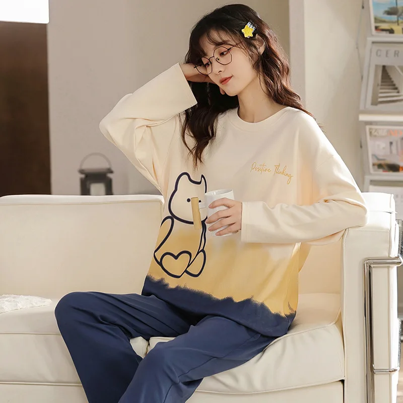 Women's 2 Pieces Pajamas Set 100% Cotton Pyjama Female Pijama Women Homewear Soft Sleepwear Long Sleeve O-Neck Shirt Pants Suit