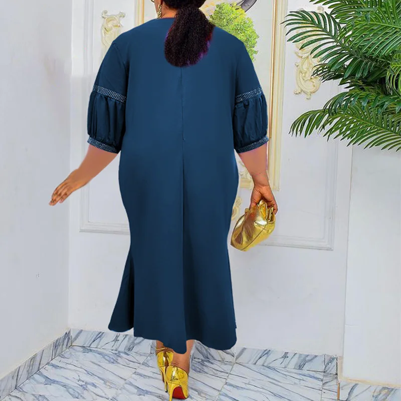 Fashion Spring Autumn Diamonds Solid Color Three Quarter Sleeve Elegant Crew Neck Patchwork Plus Size Fishtail Dress for Women
